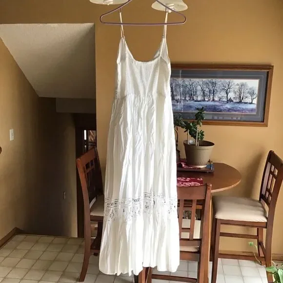 Bohemian Crochet Lace Trim Tiered Summer Maxi Dress White CottageCore Wedding - Picture 5 of 5